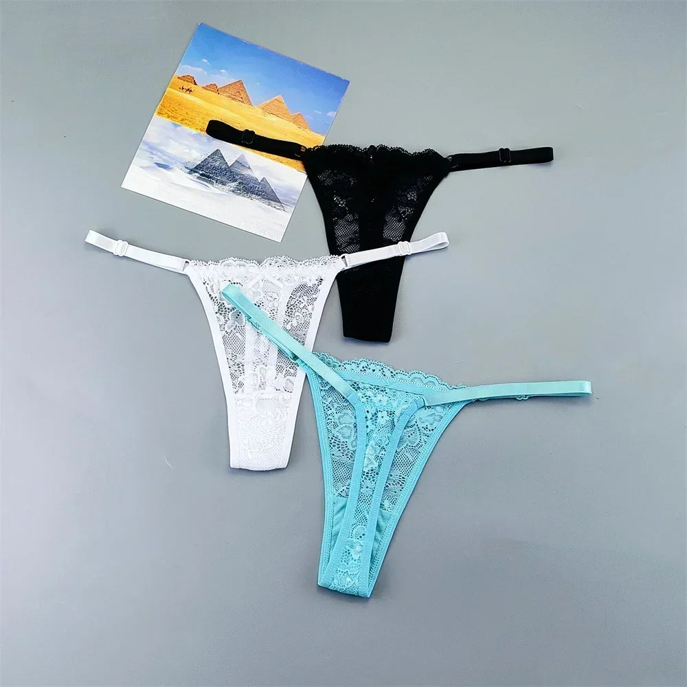3PCS Einstellbare Sexy Transparent Tanga Höschen Frauen Spitze Unterwäsche Niedrige Taille Weibliche T-zurück String Unterhose